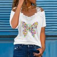 thumbnail image 2 of asdoklhq Juniors Plus Tops & T-Shirts,Women Print T-Shirt Short Sleeve Lace Splicing Cold Shoulder V Neck Tops Summer Casual Blouse, 2 of 5