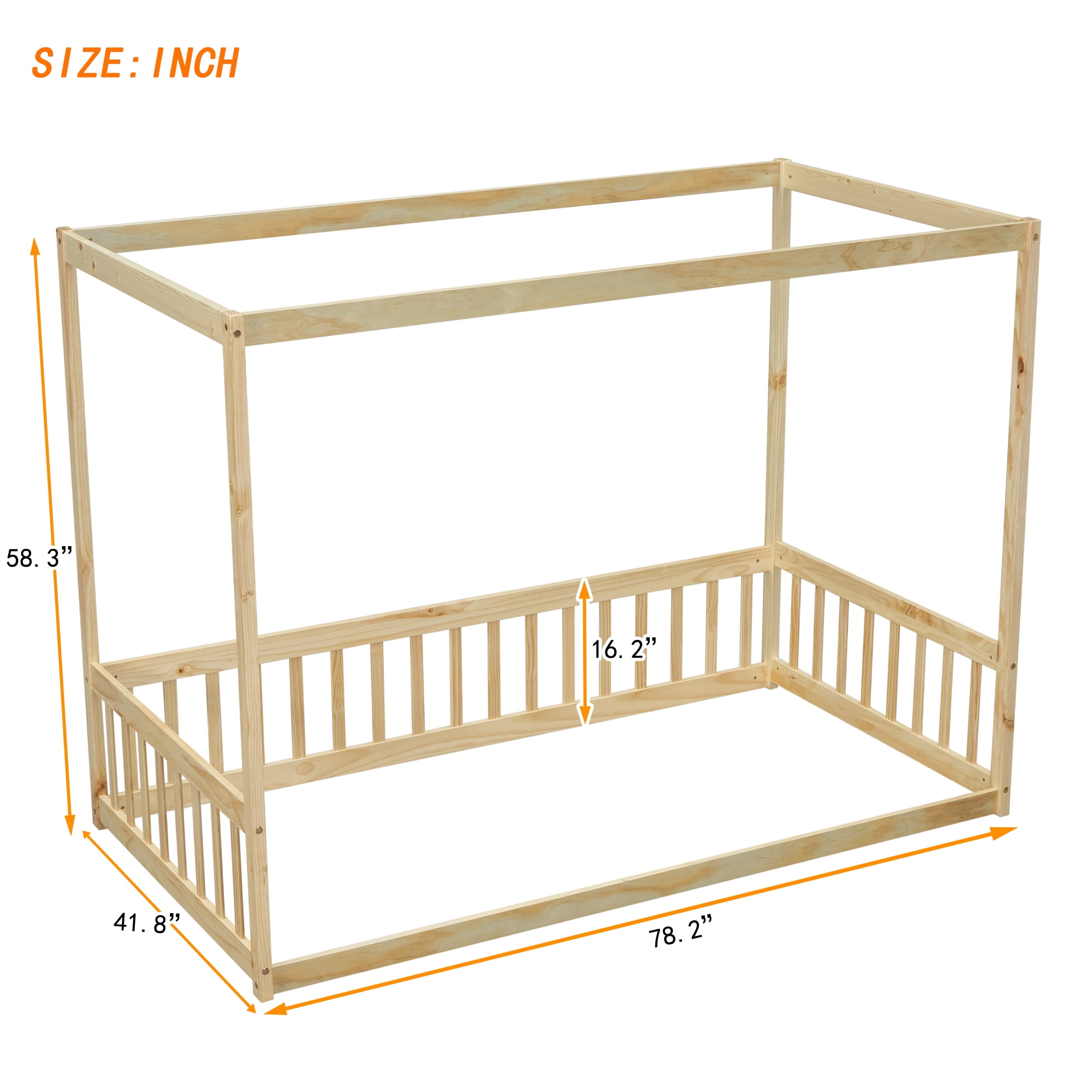 Miniyam Wood Twin Size Canopy Floor Bed with Guardrails for Kids and Teens, Natural
