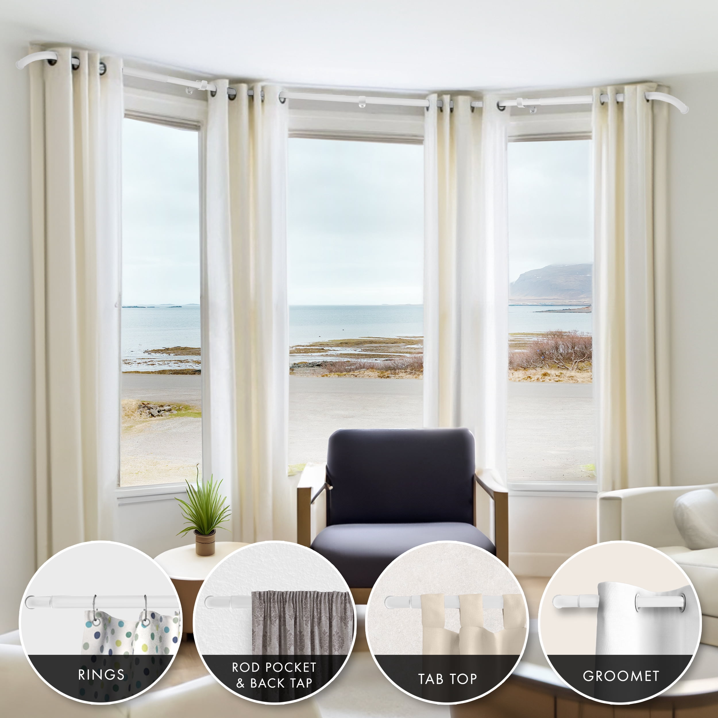 MERIVILLE 1" Bay Window Curtain Rod Set, Adjustable Side 20–37" and Center 38–72", Single Rod, Glossy White