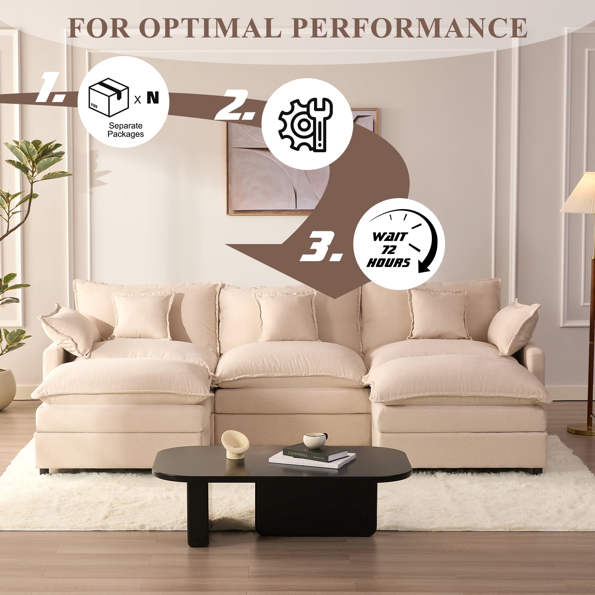 Bigsyy 3 - Seat Sectional Sofa Couch, Comfy Cloud Style, Deep Seat, Sleeper Function with Throw Pillows. Ideal for Adult - Occupied Living Rooms, Modern Design, Cozy Beige