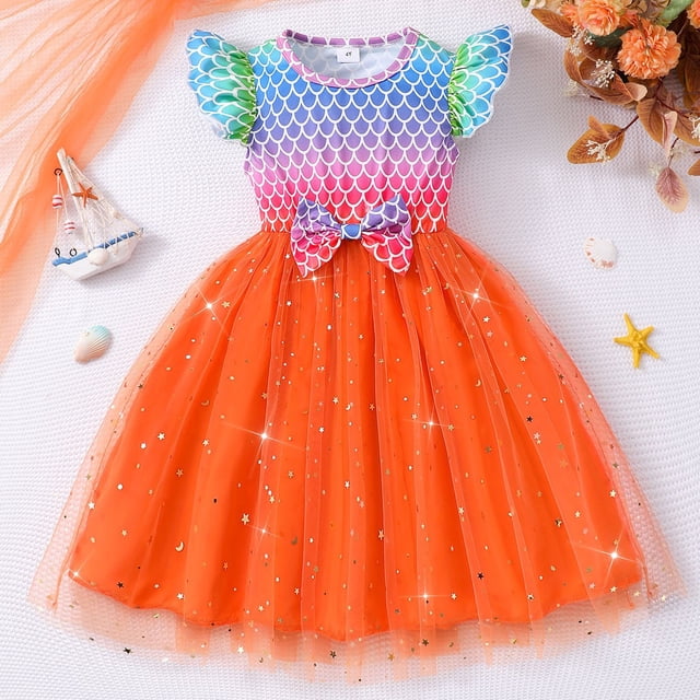 Robes Filles Tout-Petits Bébés Filles Été Manches Volantées Robe Décontractée Robe Princesse en Maille avec Nœud Robe Fille Orange 2 Ans-3 Ans