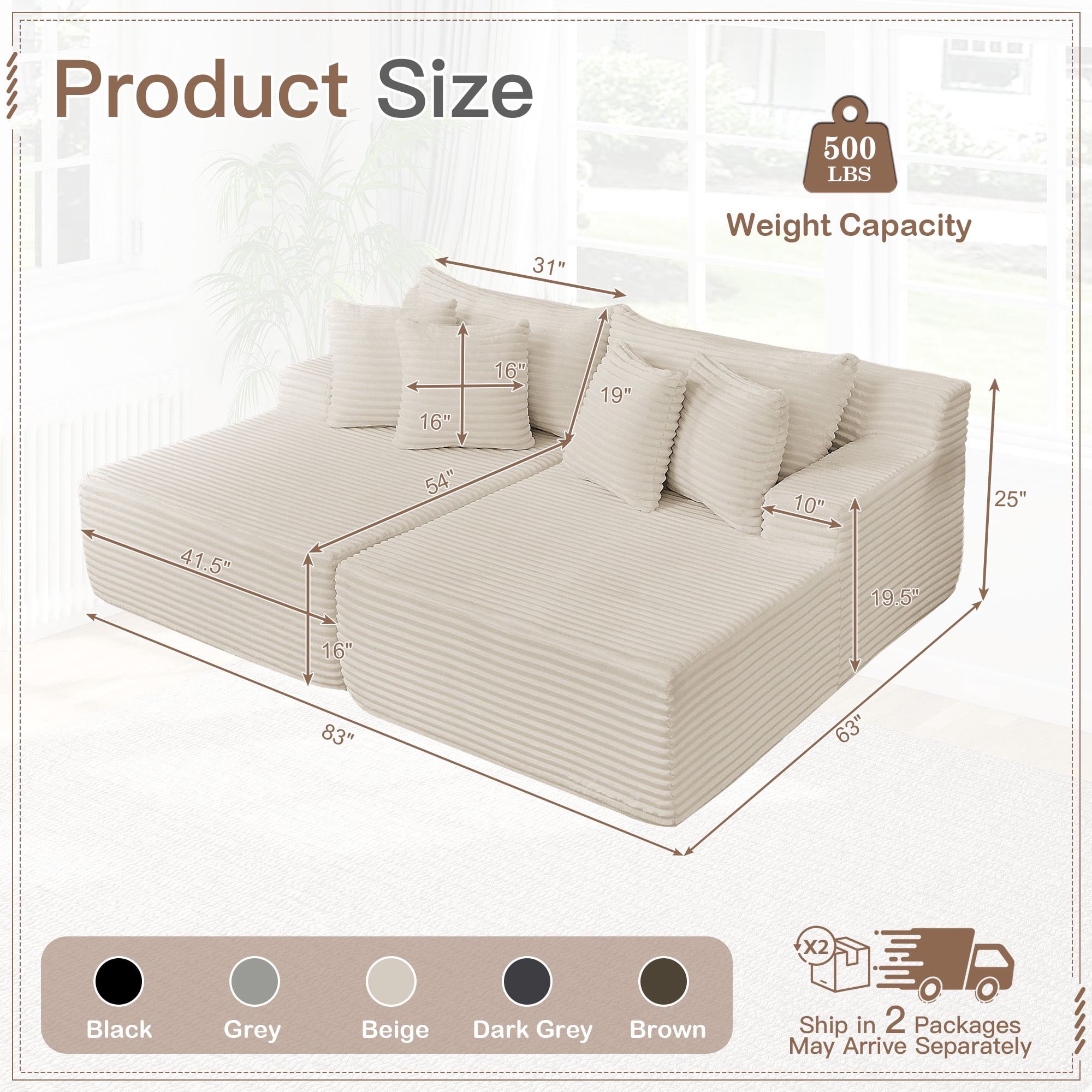 Muumblus 83" Oversized Double Chaise Lounge Chair Indoor, Modern Boneless Plush Corduroy Upholstered Modural Sectional Sleeper Cloud Couch for Living Room Apartment, Beige