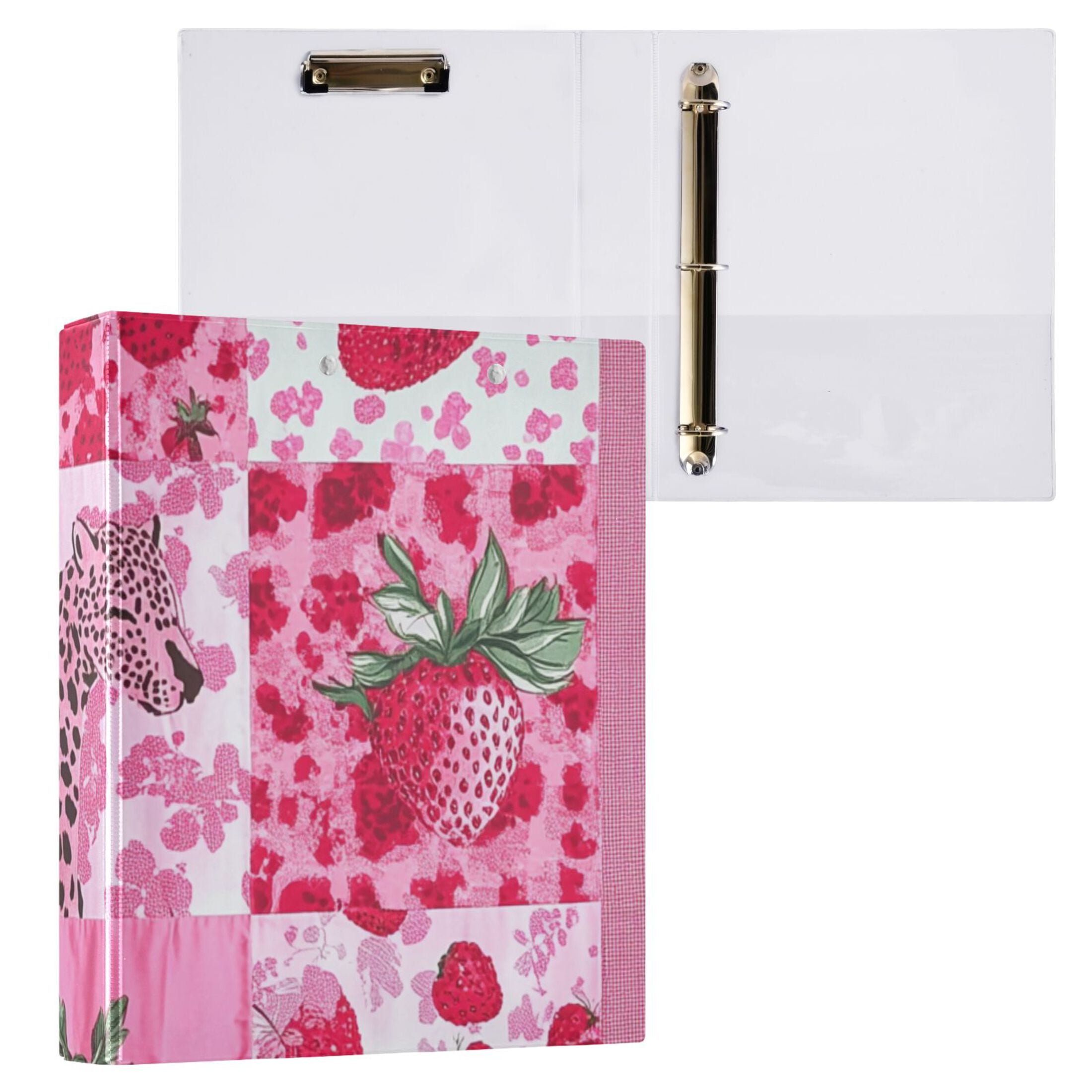 Pink Cheetah Strawberries 3 Ring Binders 1.5 inch Hardcover File Folders with Interior Pockets A4 Size Organizer for School Office Hospital