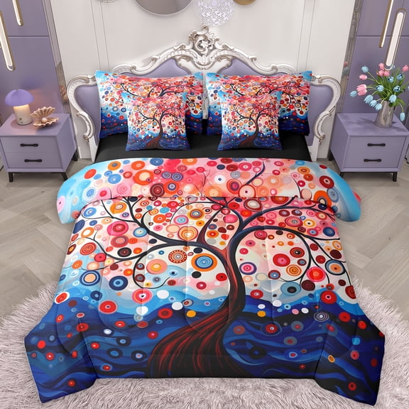 Homewish Boho Style Tree 7-Piece Twin Bedding Sets,Vintage Bohemain Bedding Comforter Set,Red Blue Sheet Sets For Men Women,Luxury Bedroom Decor Reversible