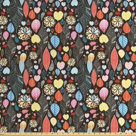 Ambesonne Leaves Fabric by the Yard Upholstery, Birds Foliage Flowers, 2 Yards, Multicolor