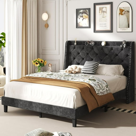 Wubio Queen Size Bed Frame with Diamond Tufted Headboard and Storage, Upholstered Platform Bed Frame Queen with 2 Large Wingbacks, Sturdy Wooden Slats Support, Easy Assembly, Velvet Black