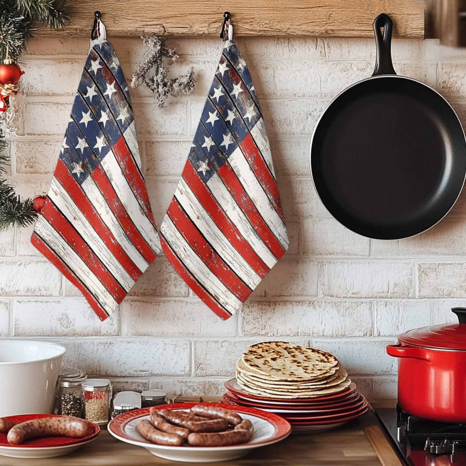 American Flag Kitchen Towels Set of 2, Red Blue Star Stripes Rustic Farmhouse Wood Absorbent Dish Towels for Kitchen, Microfiber Hand Towel, Quick Drying Tea Towel for Cleaning Decorative Dishcloths