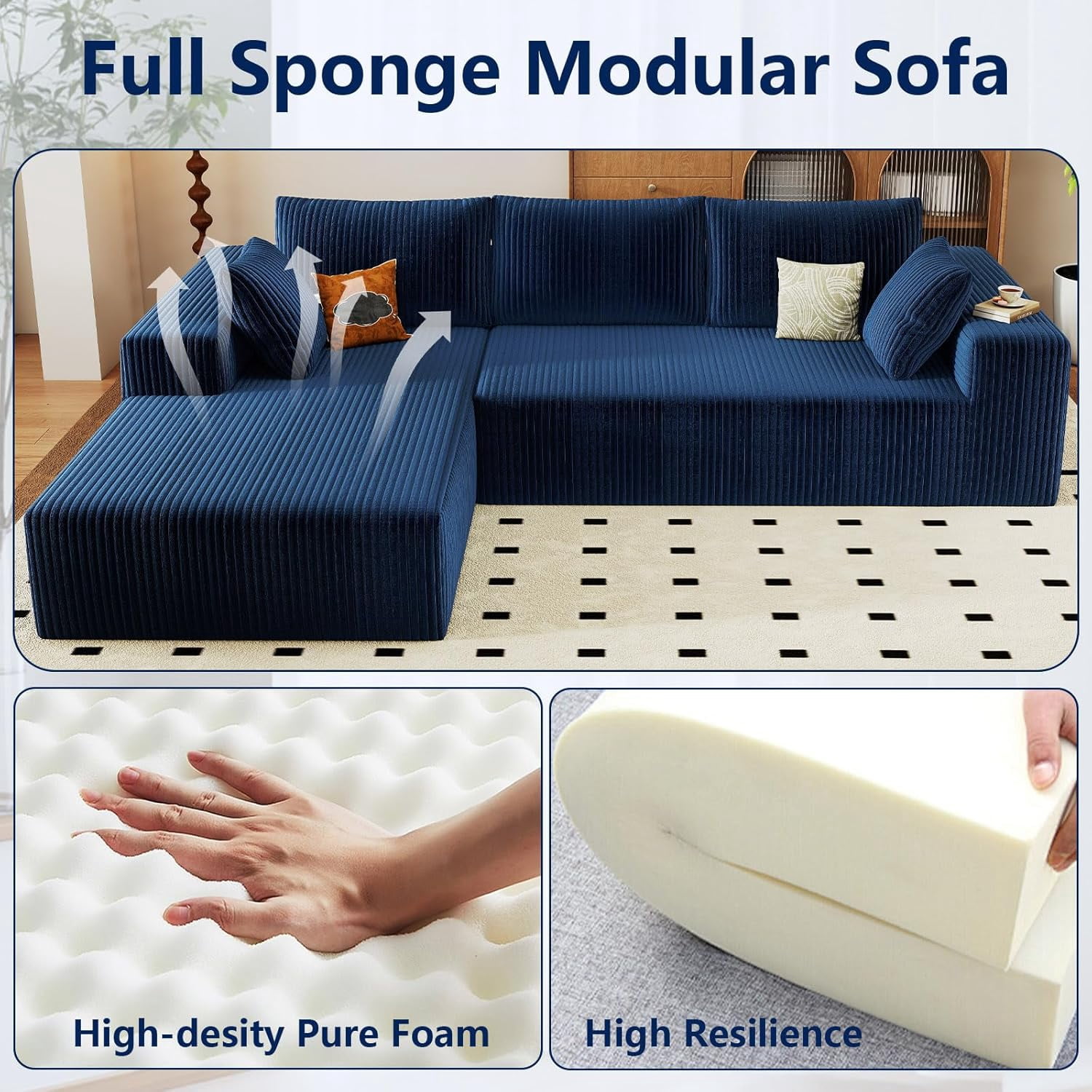 96-inch Modern Cloud Couch, L-Shaped Corduroy Sectional Sofa with Chaise, No Assembly Required, Deep Seating Modular Sofa for Living Room,Blue