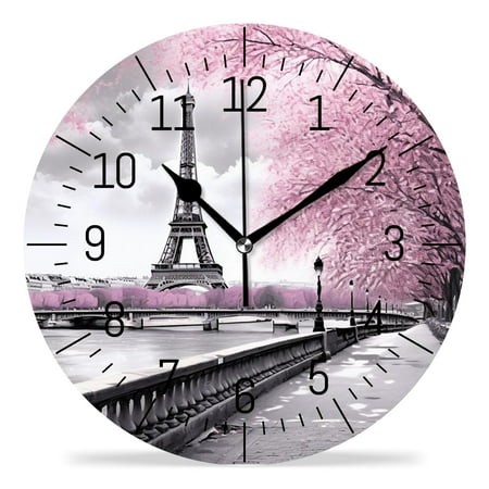 14 Inch Wall Clock Battery Operated Silent Clock Decorative for Office, Kitchen, Outdoor, Living Room,Paris Eiffel Tower France Oil Painting Artwork Creative