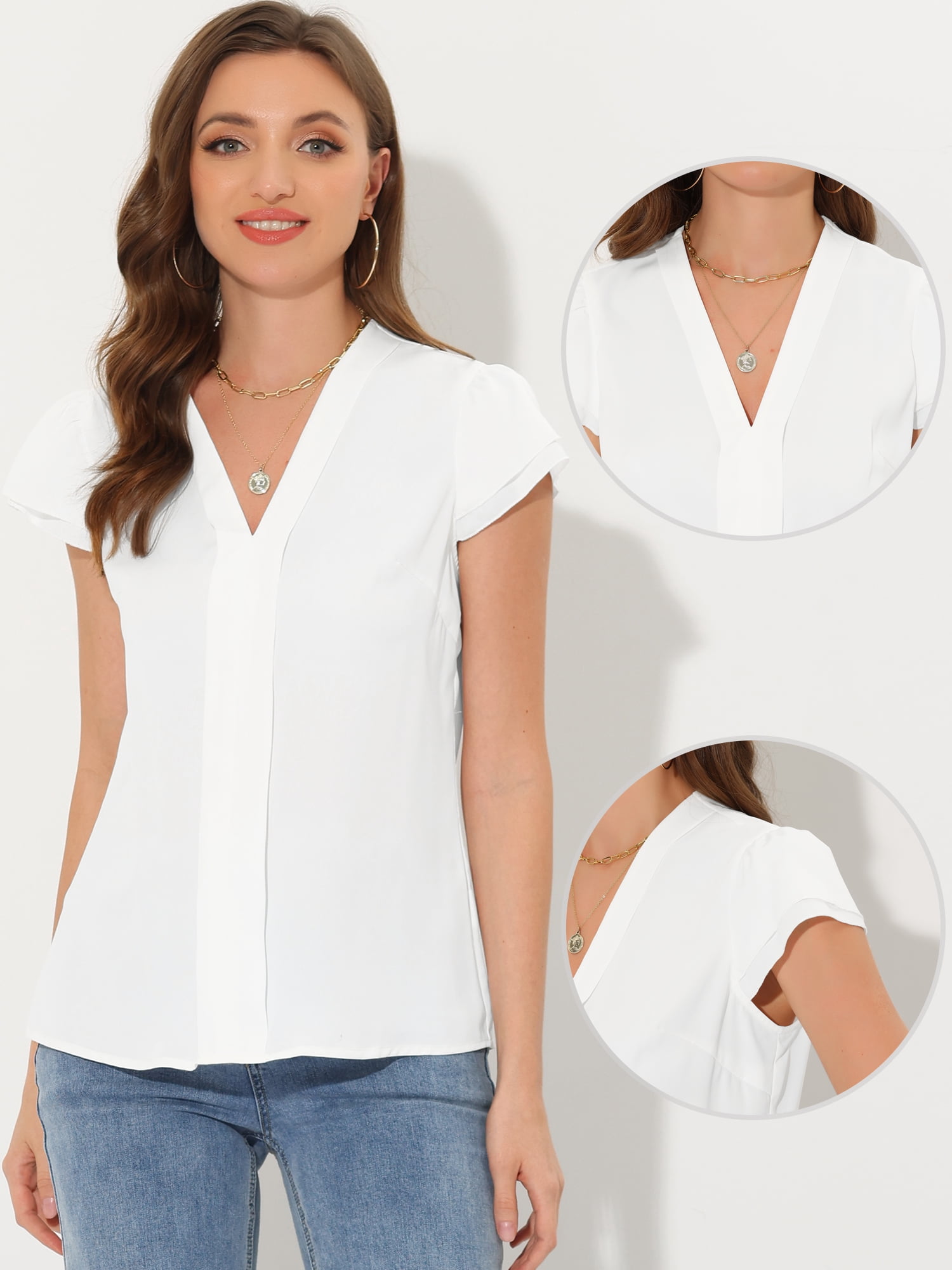 Unique Bargains Women's Summer Office Tops V-Neck Solid Color Chiffon Blouse M White