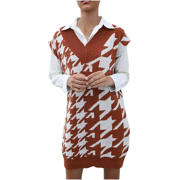 Aoochasliy Womens Sweaters Clothes Pullover Mid Length Knit V-Neck Sleeveless Houndstooth Vest Dress