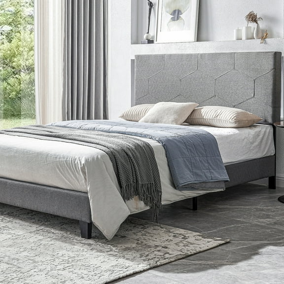 Queen Size Low Platform Bed Frame with Upholstered Linen Headboard for Adults Teens, 600lbs Load Fit 8''-10" mattress No Box Spring Needed, Gray