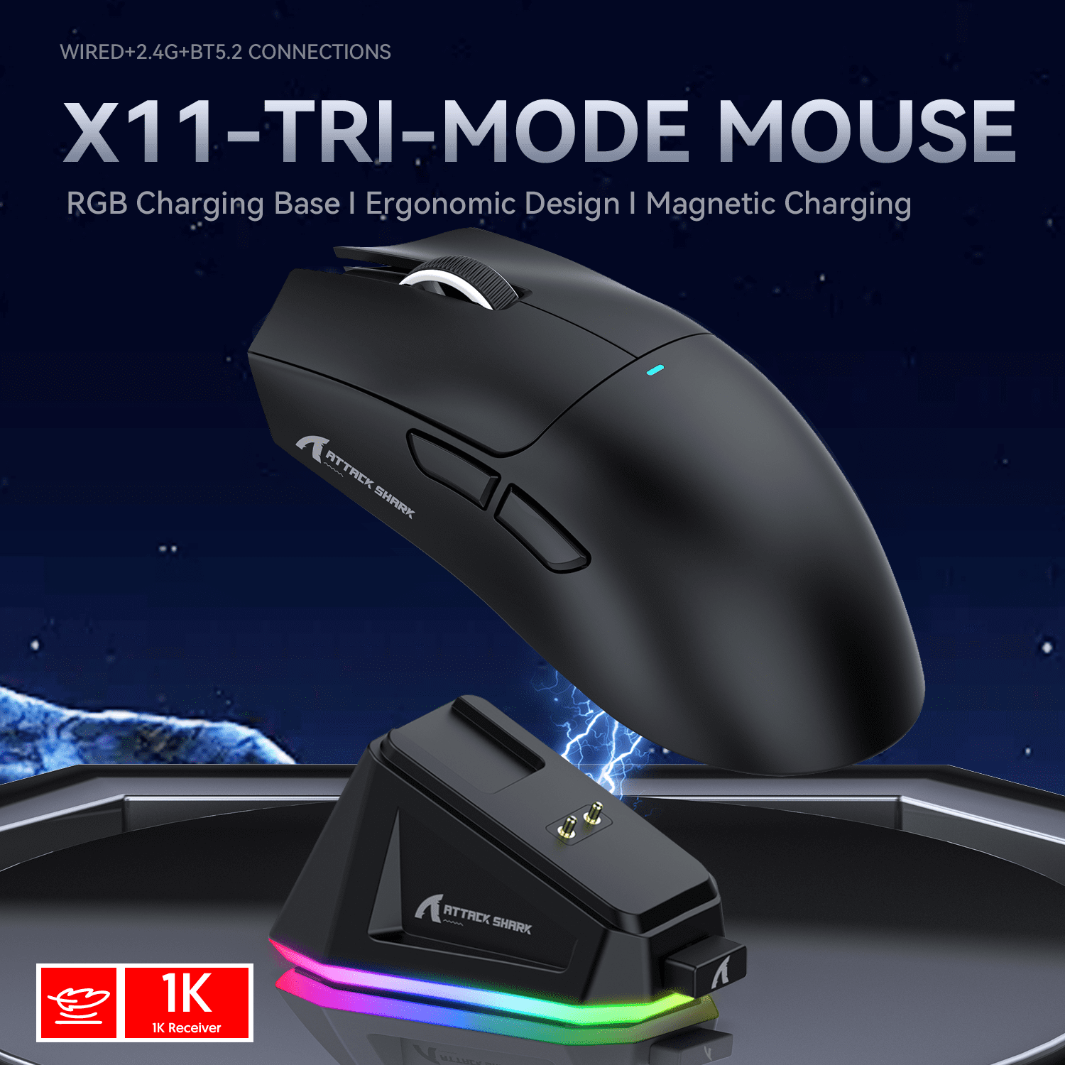 ATTACK SHARK X11 Wireless Gaming Mouse with Charging Dock, PixArt PAW3311 Gaming Sensor, BT/2.4G Wireless/Wired