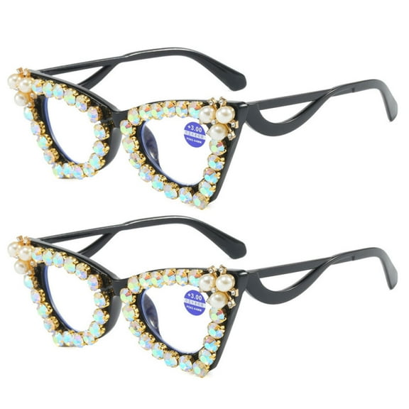 2 Pairs of Women Black Frame Cat Eye Pearl Diamond Party Reading Glasses 2.0 Elegant Blue Light Blocking Readers  2.00 strength
