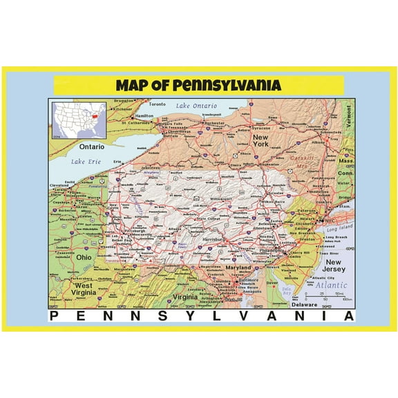 Map of Pennsylvania Style C - Laminated Wall Map Poster Print Perfect for Classrooms and Homes - Vivid Imagery with Bright Colors - 18x24