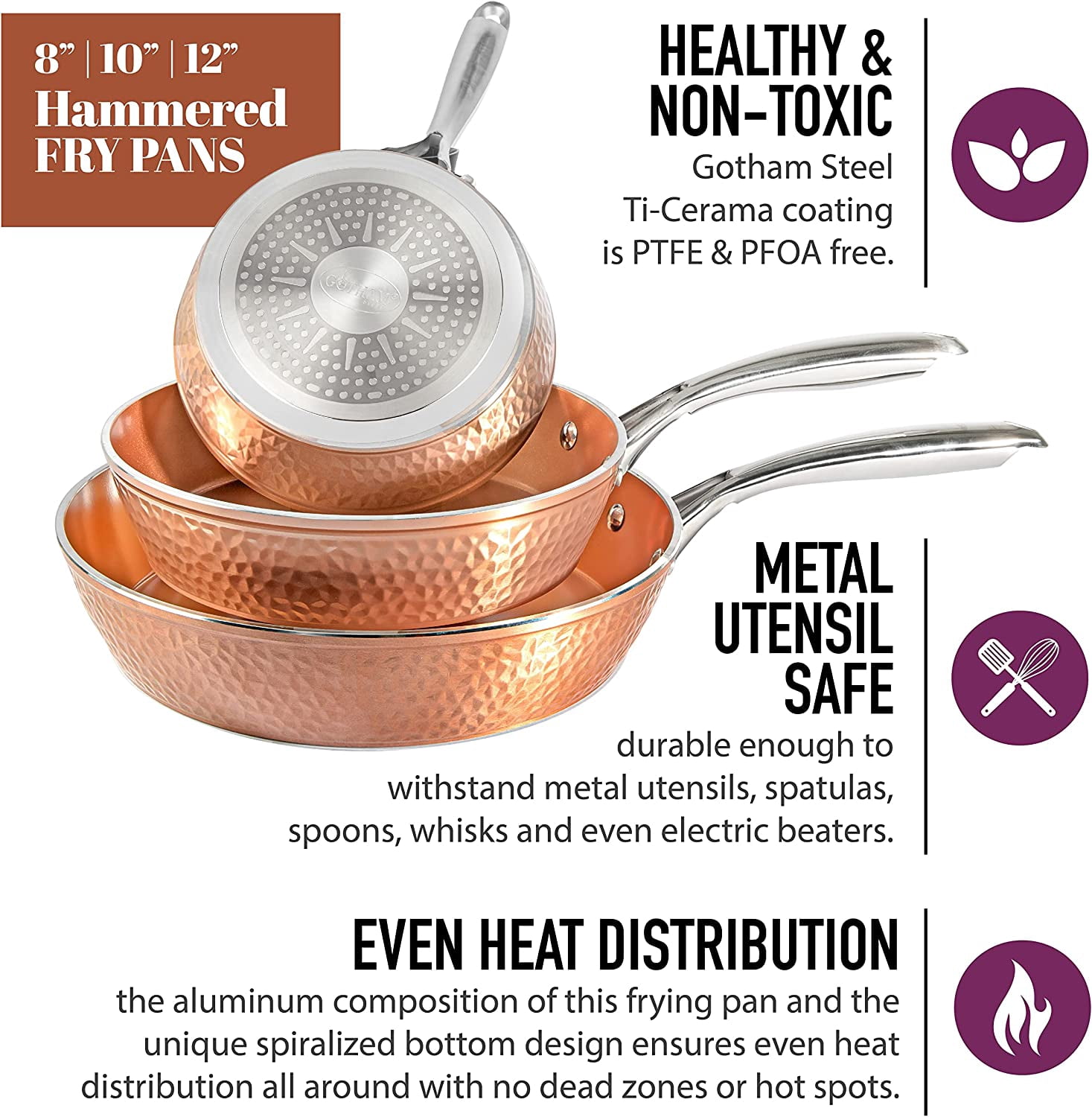 Gotham Steel Hammered Frying Pan Set, 3 Piece Nonstick Copper Fry Pans, 8”, 10” & 12” Skillet, Omelet Pan,  Dishwasher Safe, Cool Touch Handle