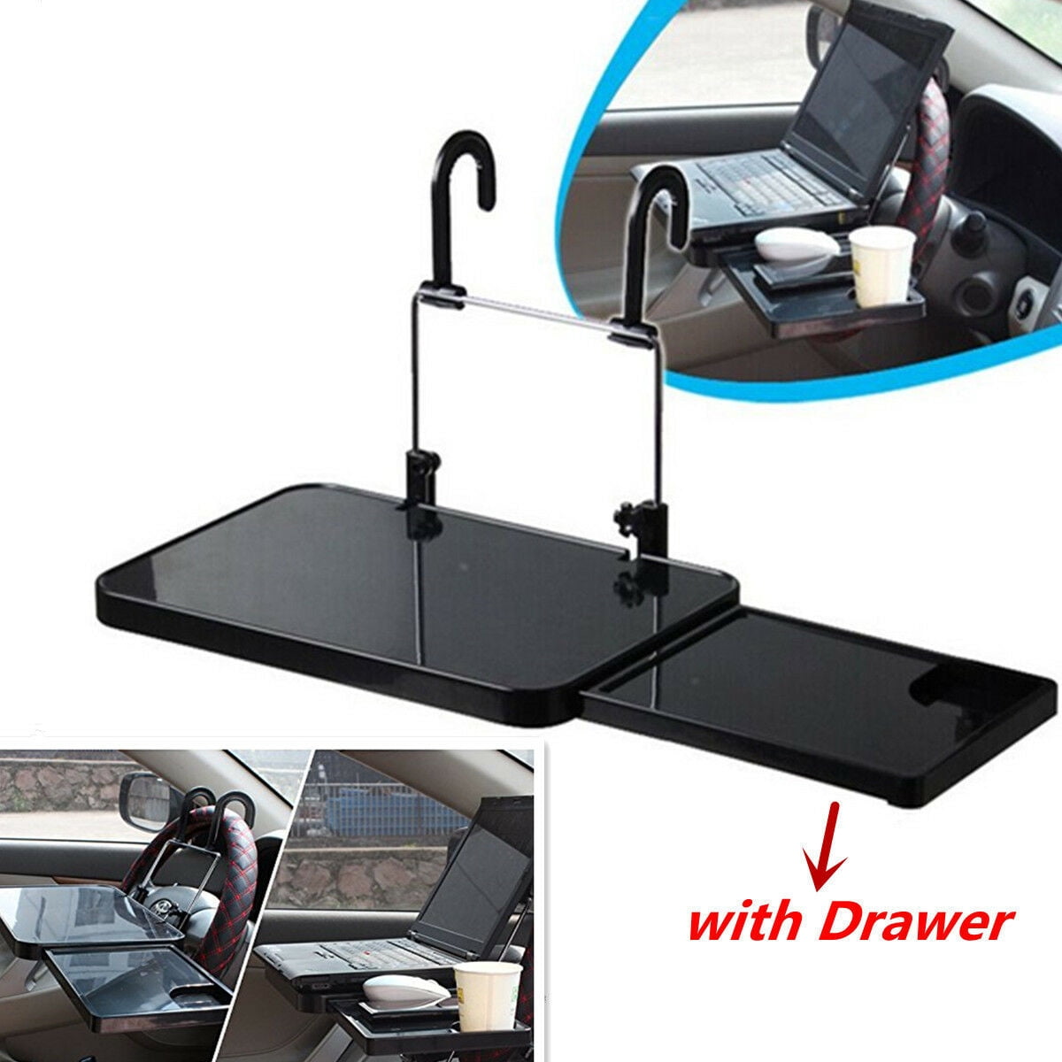 Zyutaosan Multifunctional Foldable Car Steering Wheel Back Seat Tray Table Desk Mount With Drawer For Tablet Pc Laptops Books Mobile Phones Dinner Food Drink Universal