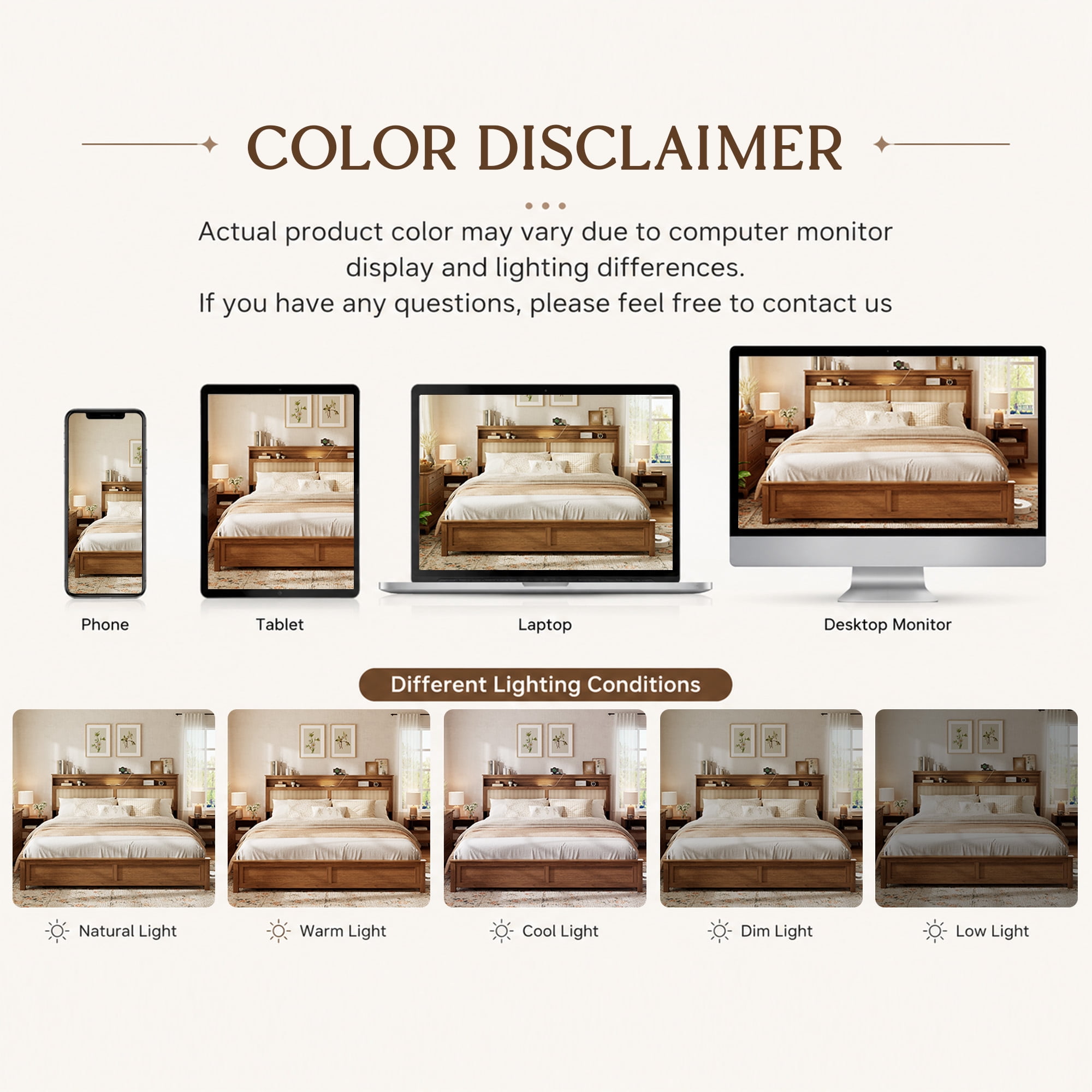 Queen Bed Frame 86.02 Inch, Rattan Headboard with Built In LED Reading Light and Storage Shelf, Modern Farmhouse Platform Bed, No Box Spring Needed, Brown