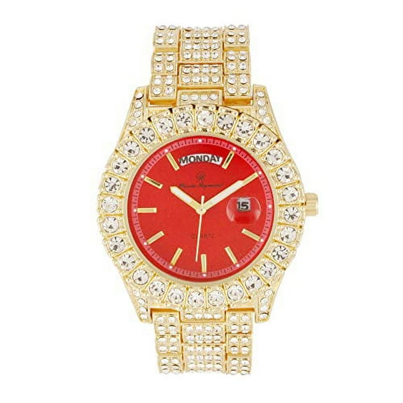 Charles Raymond Big Rocks Fully Iced Out Diamond Mens Watch w/Easy Read Date &Day and Colorful Dials- Designer Hip Hop Blinged Out Timepiece - ST10535 (ST10535-LN Gold/Red)