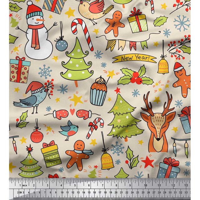 Soimoi polyester Crepe Fabric Gift Box,Snowman & Tree Christmas Fabric Prints By Yard 42 Inch Wide