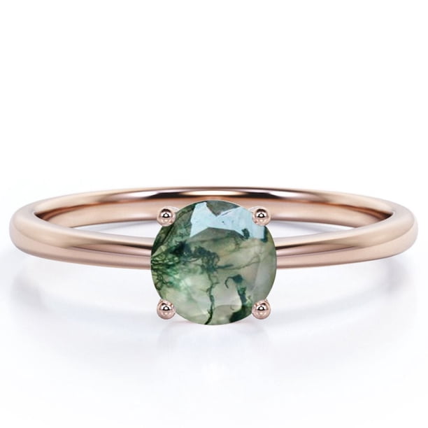 JeenMata Anillo de Compromiso de 1 Quilate con Forma de Catedral de una Sola Piedra, de Ágata Verde Musgo Dendrítica Transparente Natural, con Engaste de 4 Puntas en Oro Rosa de 18 K sobre Plata