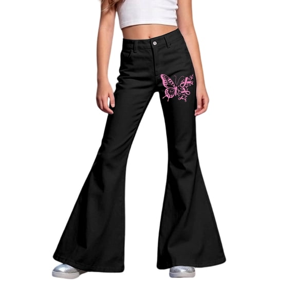 LRen Girls Uniform Pants Flare Leg Pink Ribbon Straight Leg Pants Y2k Loose Fit with Pockets School Uniform Clothes Tween Denim Pants Age 15-16 Years