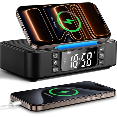 9-in-1 Wireless Charging Station with Bluetooth Speaker, Alarm Clock, FM Radio, Night Light – Compatible iPhone 17/16/15/SamsungS25/S24/Android, USB/Type-C/AUX, Phone Holder, DP-013C Black
