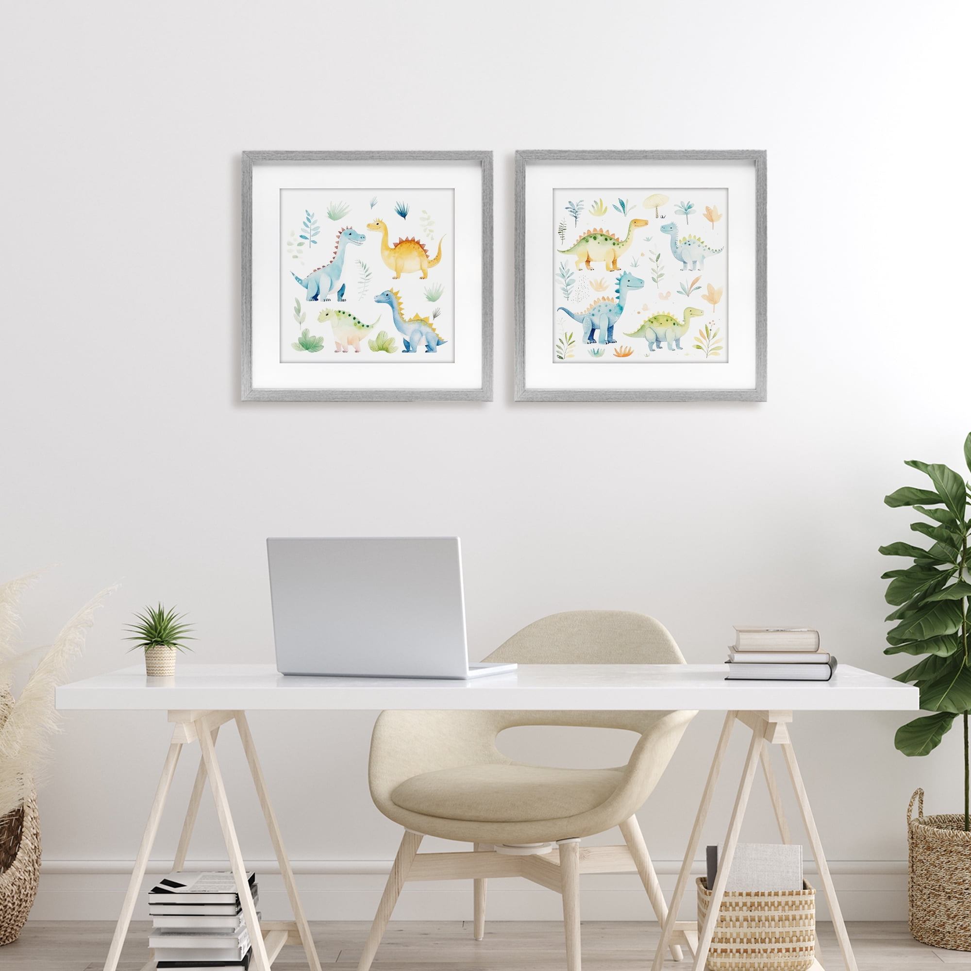 Stupell Industries Playful Dinosaur Wonders 2 Piece Gray Framed Print Under Glass Set, design by Lazar Studio