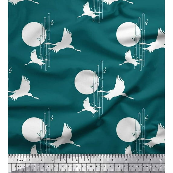 Soimoi Cotton Jersey Fabric Bamboo Tree,Moon & Stork Bird Printed Fabric 1 Yard 58 Inch Wide