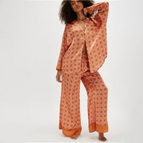 Comfortable Women's Pajamas Silk Satin Pajamas Set For Women 2 Piece Floral Wide Leg Pants Set Long Sleeve Button Down Pj Shirts Set, Women Pajama Sets XL