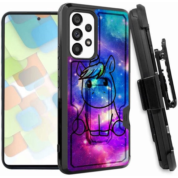 ANJ Rugged Dual Layered Holster Case w/Kickstand, Card Slot Case Tempered Glass Cover for Samsung Galaxy A53 5G - Galaxy Unicorn