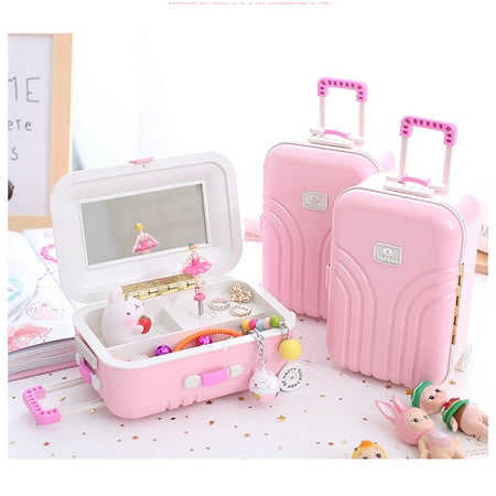 Small Mirrored Jewelry Box Peralng Women Girls Portable Travel Music Jewelry Box with Make Up Storage Grid Small Jewelry Box Trolley case design Mirrored Holder for Rings, Earring, Necklace, Bracelet, Pink ()