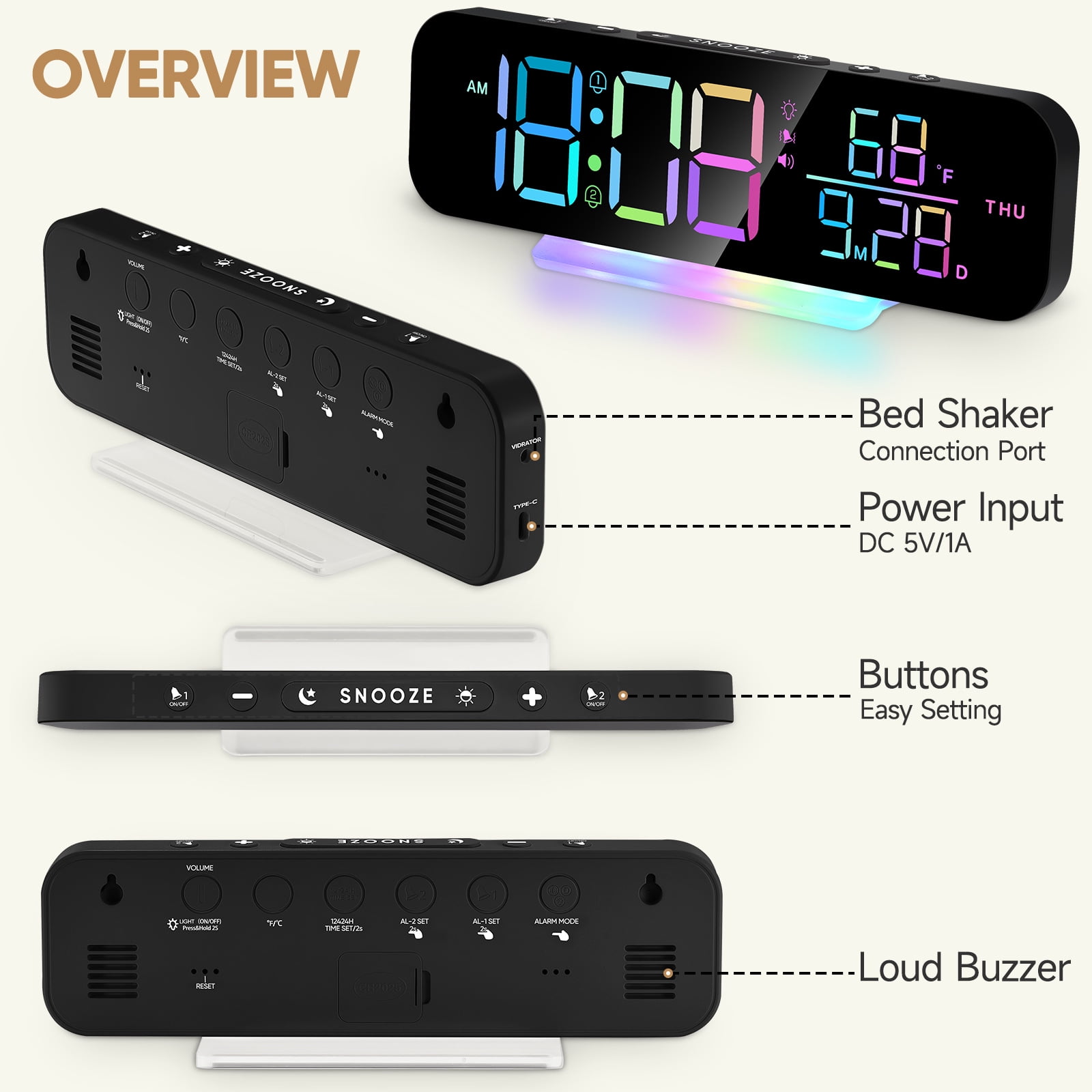 ITIGOITIE Extra Loud Vibrating Alarm Clock,Adjustable Volume,Dimmer,Large LED Digital with RGB Night Light for Bedrooms,Kids,Teens(Black)