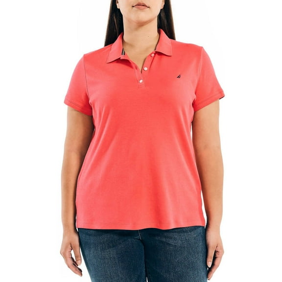 Nautica Women's Lightweight Cotton Short Sleeve Polo Shirt-Pink / L