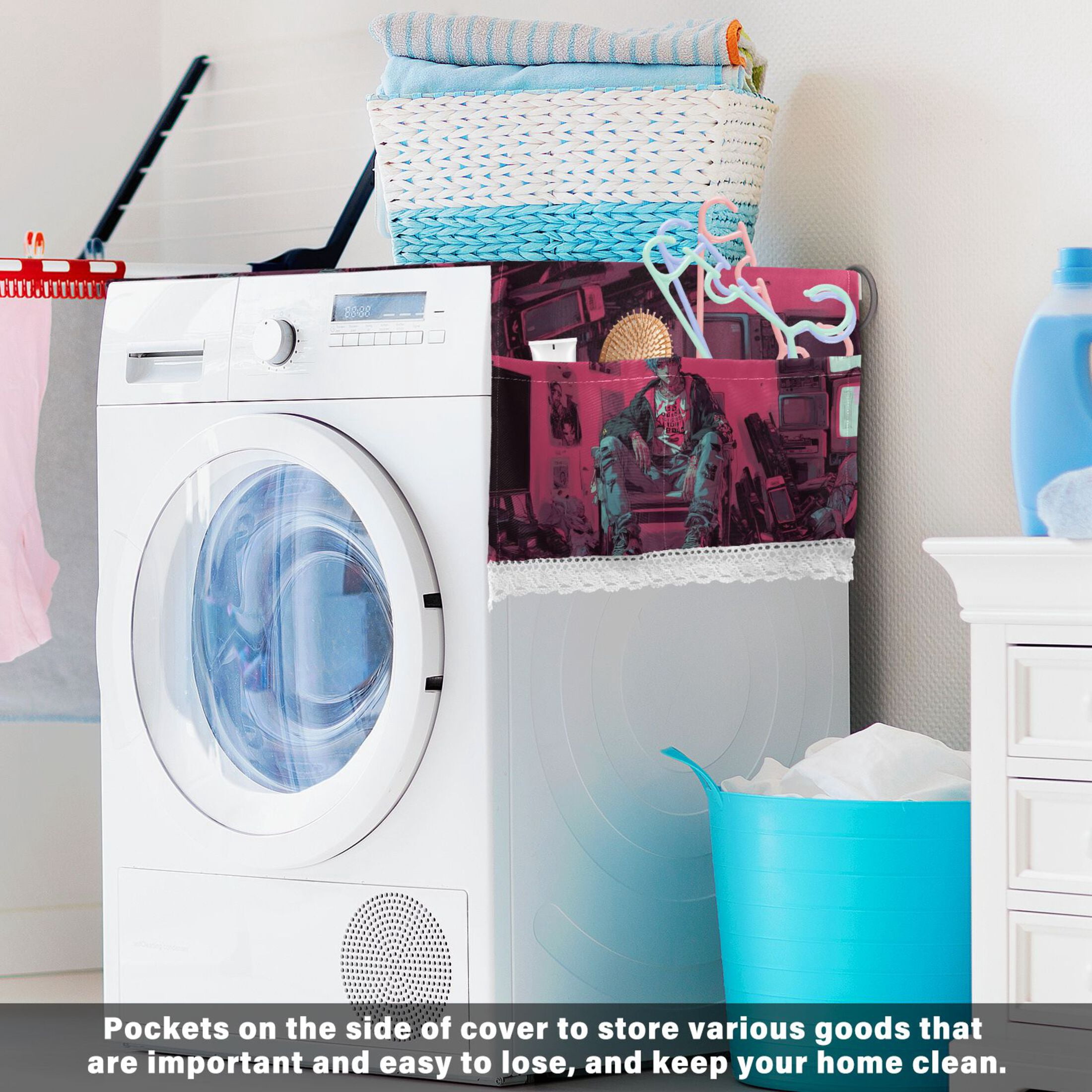 Cyberpunk StyleWasher and Dryer Covers Dust-Proof and Oil Resistant Fridge Cover with 4 Storage Pockets Washing Machine Top Cover for Laundry Kitchen Home 51.2 x 22 In
