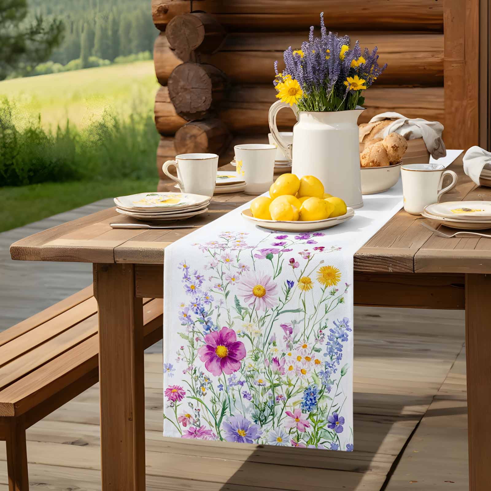 Flowers Spring Table Runner 90 Inches Long, Pastoral Pink Purple Floral Lavender Daisy Table Runners Tabletop Scarf Kitchen Dining Tables Decoration for Home Party Indoor Outdoor