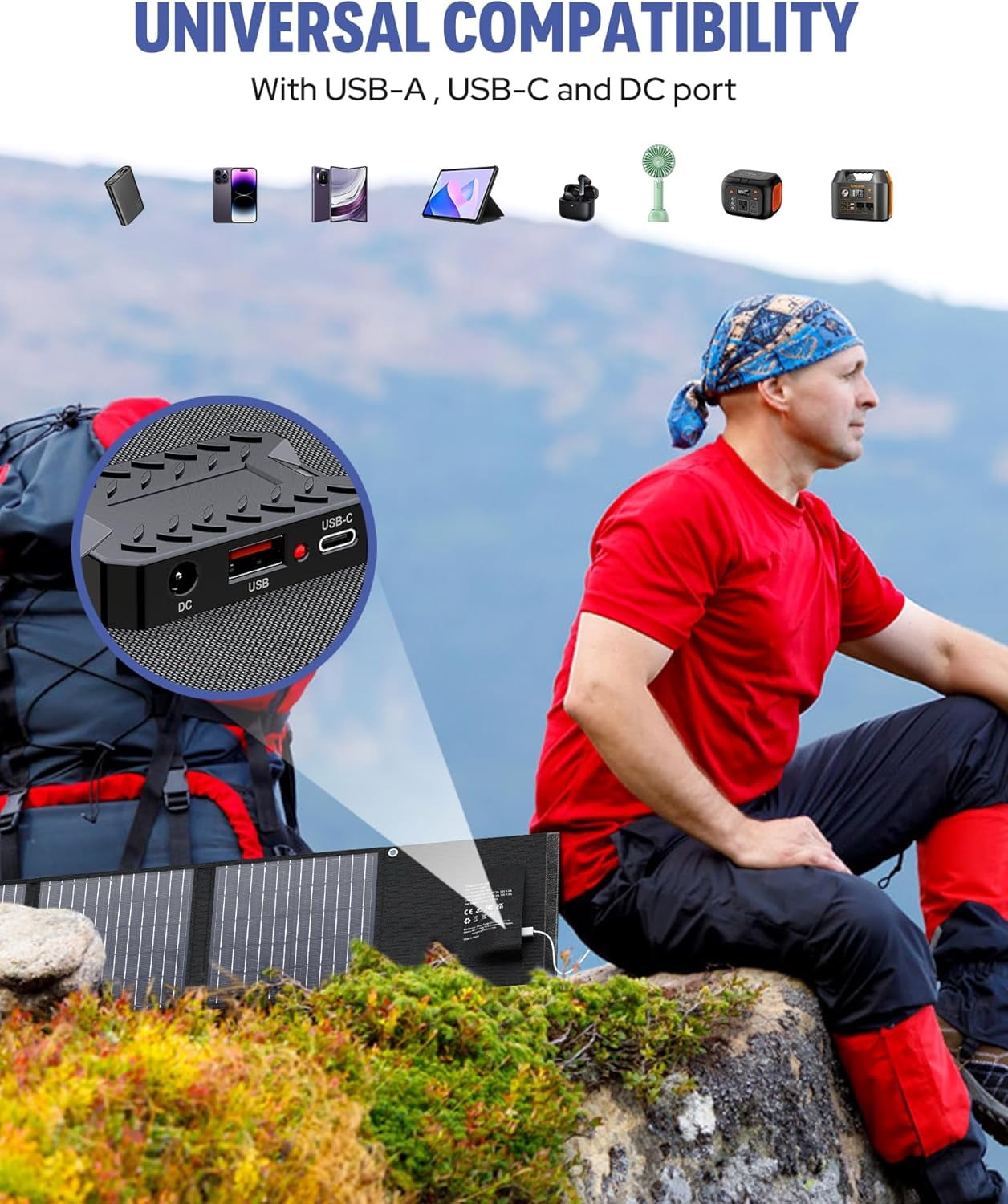 Powkey 30W Foldable Solar Panel Charger, Portable Solar Charger with QC 3.0 USB-A, USB-C & DC Output for Power Stations, Power Banks, Phones, iPads, RV, Camping & Hiking
