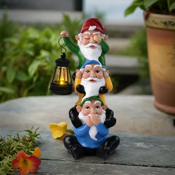 Funny Garden Gnomes Outdoor Solar Decor - Three Gnomes (Don’t Watch, Don’t Listen, Don’t Speak) Yard Decorations, Solar-Powered Waterproof Gnome Statue with LED for Garden & Patio