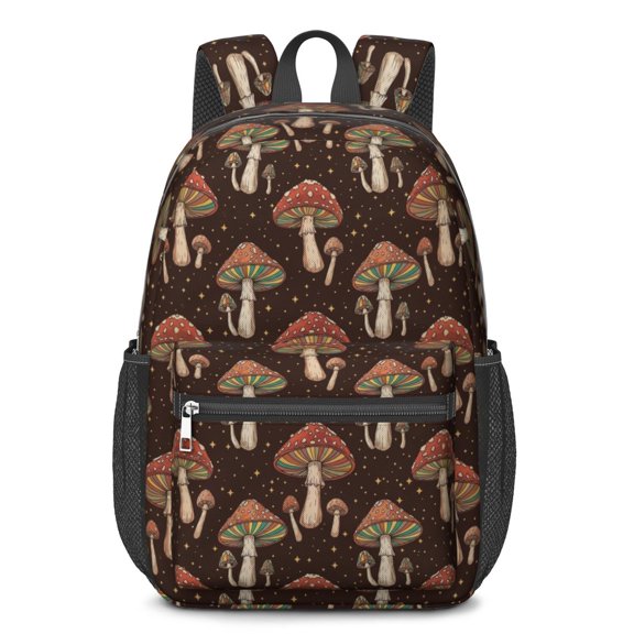 Mushroom and Star Black Pattern 17" Waterproof Oxford School Backpacks for Teens, S-Shape Padded Straps, for School, Travel, Hiking, Camping