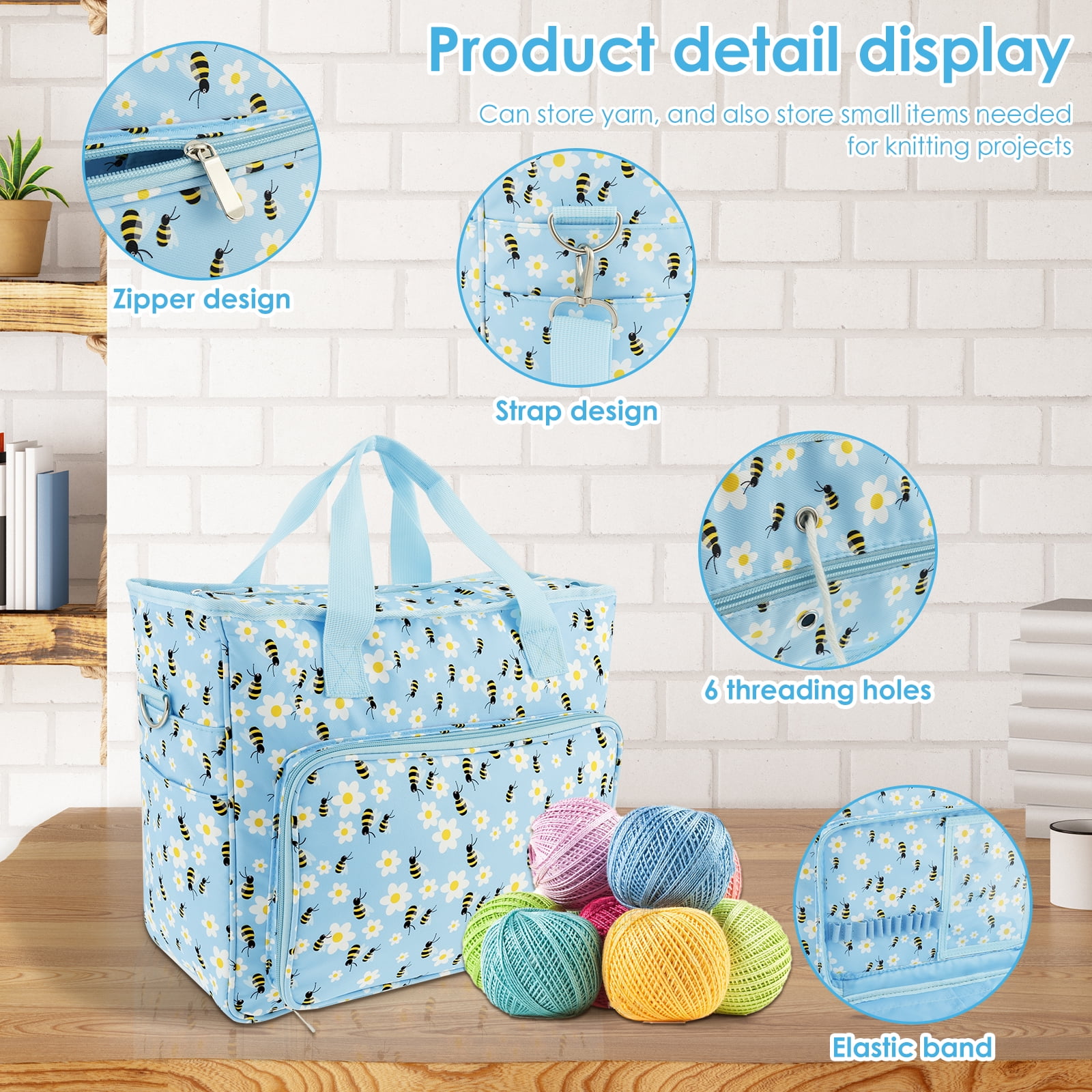 Extra Large Capacity Yarn Storage Bag Oxford Cloth Cross Stitch Bag with Shoulder Strap Knitting Bag Portable Crochet Travel Bag for Yarn Balls Crochet Hooks Knitting Needles