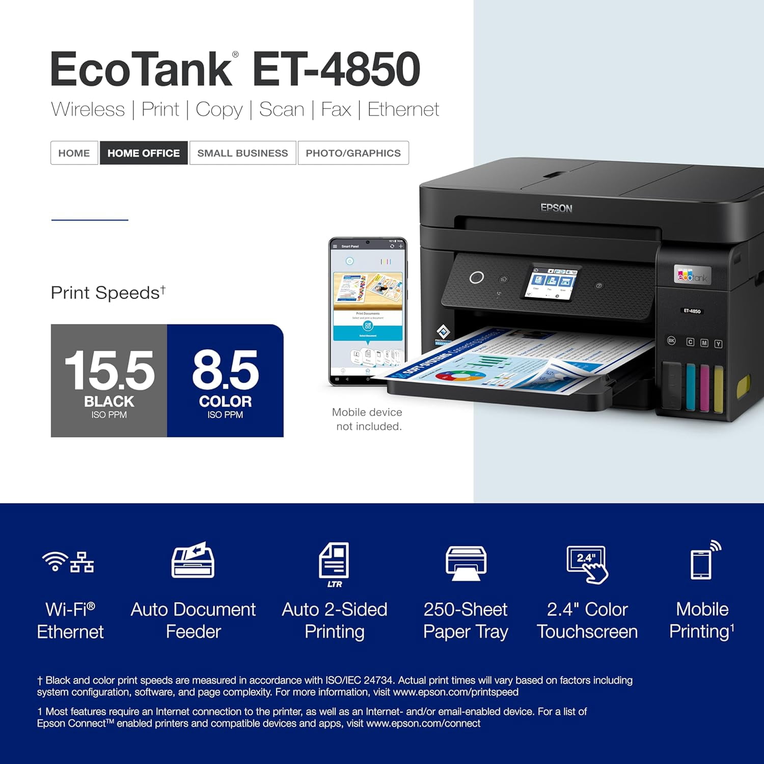 Epson EcoTank ET-4850 Wireless All-in-One Cartridge-Free Supertank with Scanner Copier, Fax, ADF and Ethernet, The Perfect Office Printer - Black (Sold without manufacturer warranty)