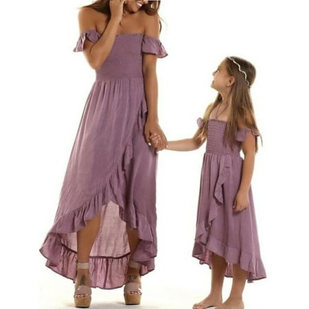 

Mother Daughter Matching Dress Mommy and Me Dresses Off Shoulder Chiffon Ruffled Long Dress