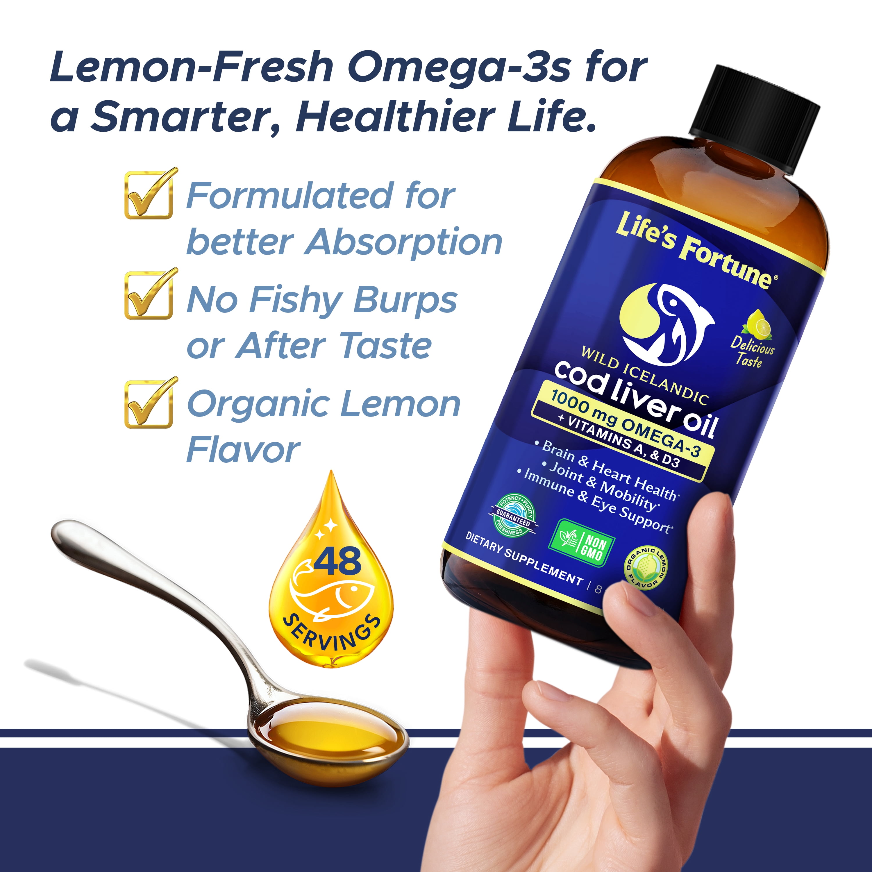 Life's Fortune Cod Liver Oil Liquid Organic Lemon Flavor, Fish Oil Supplement, 8 oz, 1000 mg