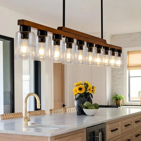 79-inch Rustic Wood Rectangular Pendant Light, 10-Light Farmhouse Chandelier with Seed Glass Shades, Adjustable Height for Large Kitchen Islands & Dining Tables