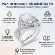 JeenMata 1.5 Carat Pear Cut Moissanite Wedding Set - Bridal Set - Art Deco Ring - Halo Ring - Cluster Ring - 18k White Gold Plated for Women
