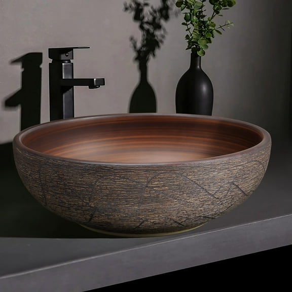 15.7" Round Ceramic Vessel Sink – Japandi Style Bathroom Washbasin (Round)