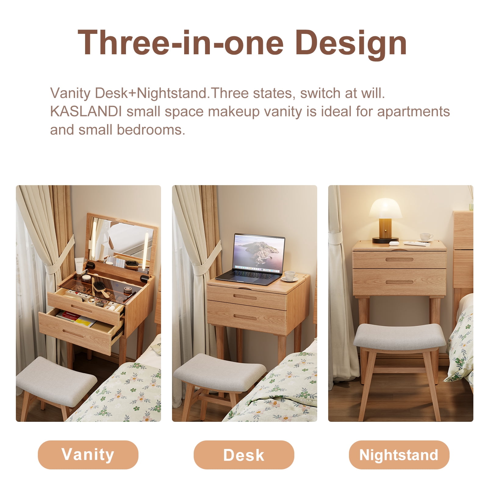 Muwuele Vanity Desk, Natural Wood Makeup Table with Flip Top Mirror, Adjustable Lights, Jewelry Organizer and Drawers