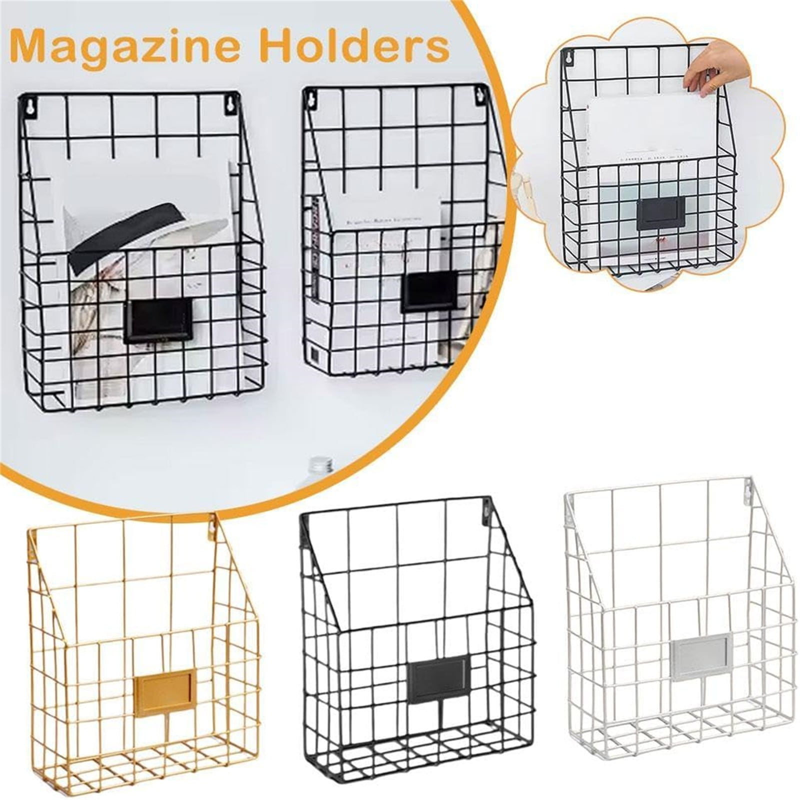 Simple Houseware Grid Single Pocket Wall Mount File Holder with Tag Slots,Hanging Wall File Organizer Metal Mesh Wall Mounted File Holder for Magazines/Files Fits Home & Office Use(White,9.8x4x11.9")