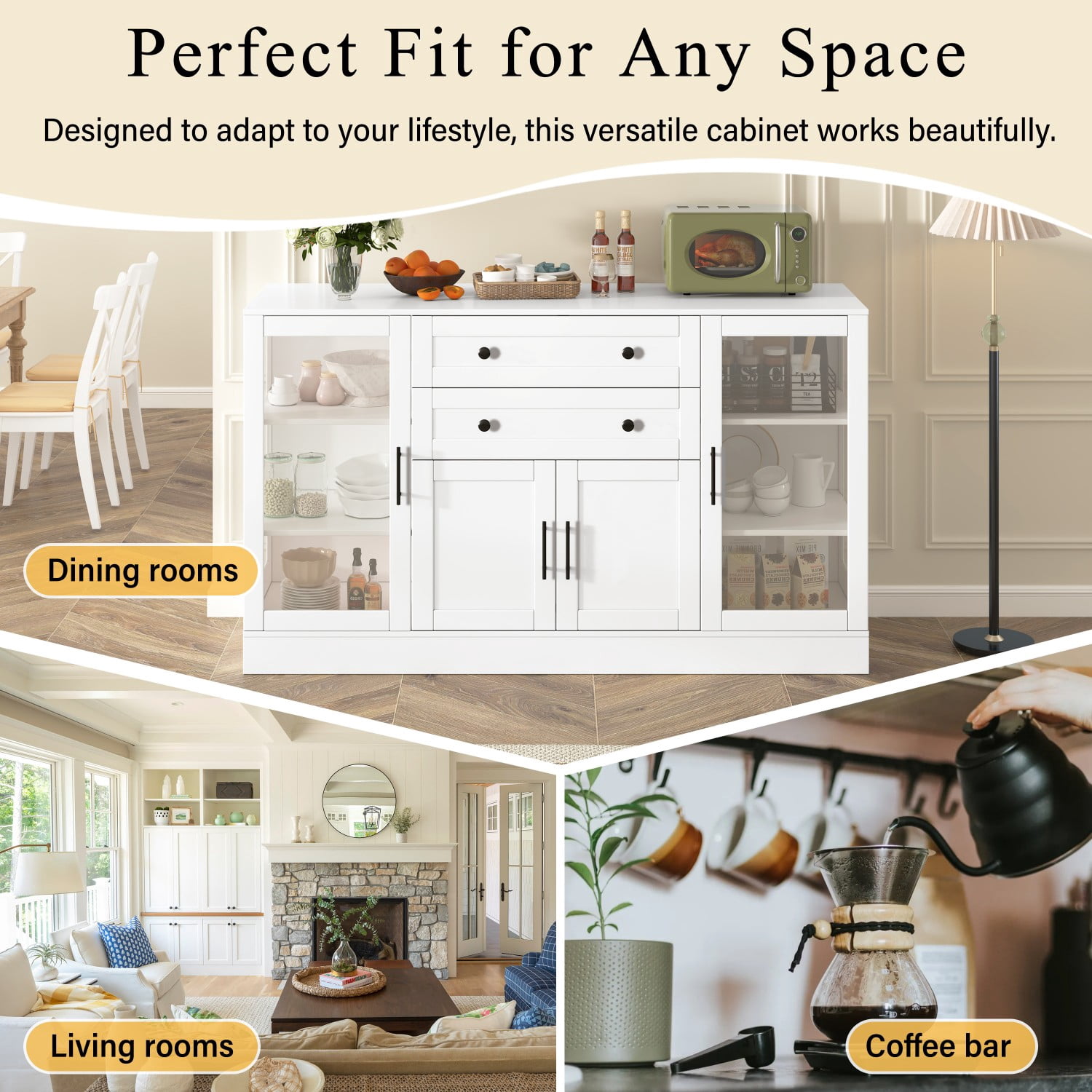 58.3" Modern Buffet Sideboard Cabinet with 4 Doors 2 Drawers, Adjustable Shelves, Power Outlet, Acrylic Panels Storage for Kitchen Dining Living Room, White