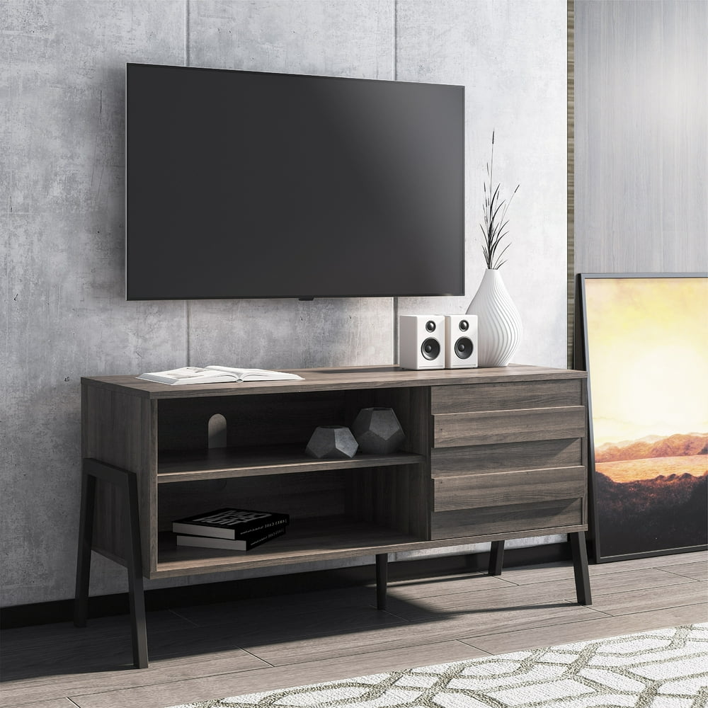 FITUEYES MidCentury Modern TV Stands for 50'' Flat Screen with Single Door, Retro Entertainment